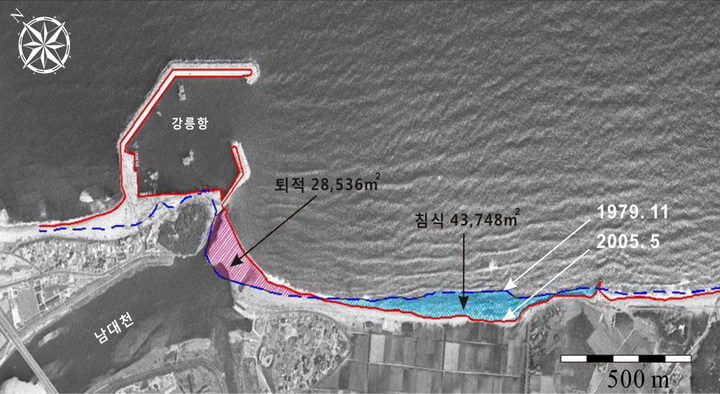 그림11. 강릉항 건설에 따른 해안선변화(국토해양부, 2010a)