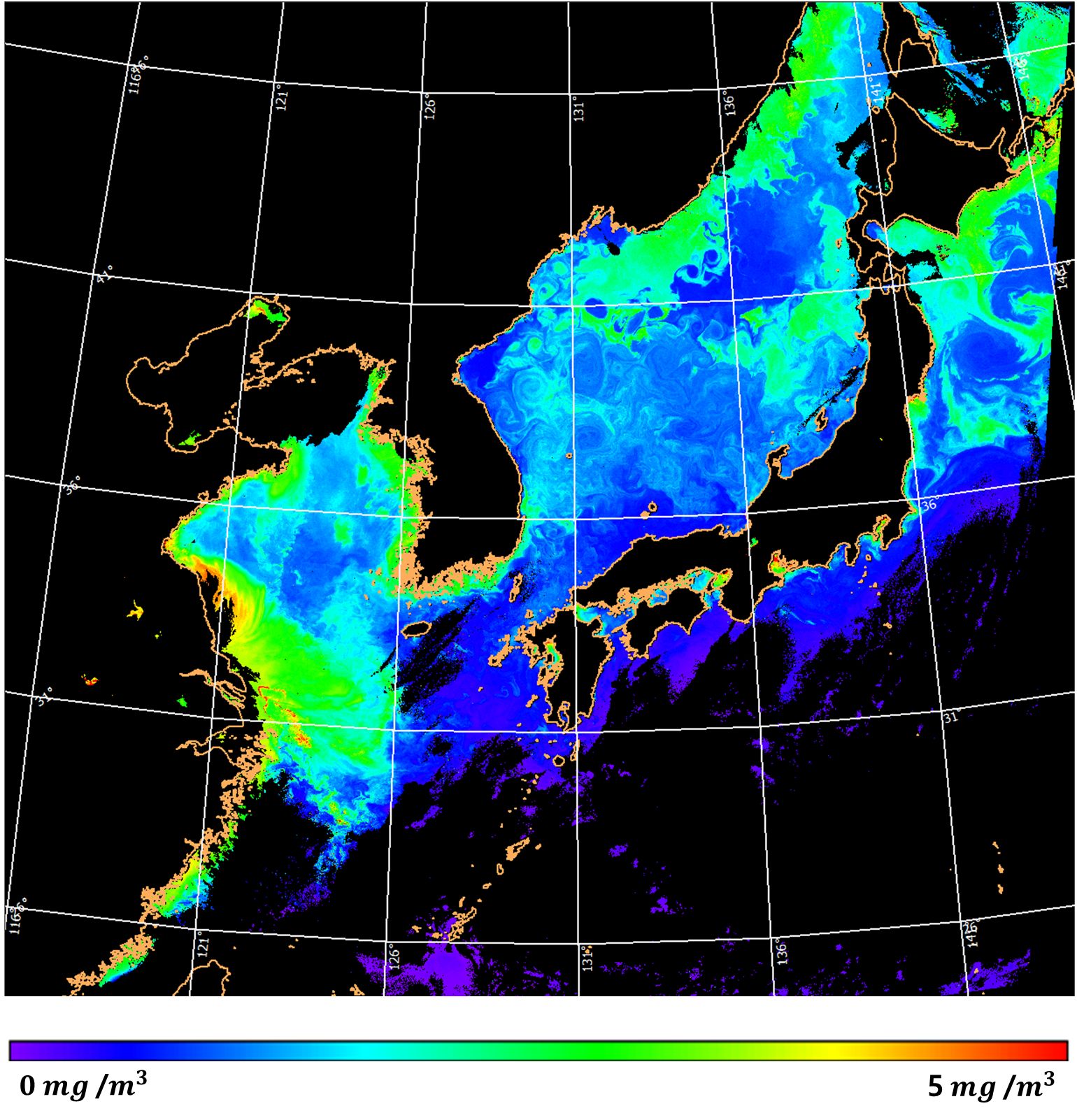 【Photo 2. Chlorophyll concentration analysis conducted by the Cheollian Geostationary Ocean Color Imager】