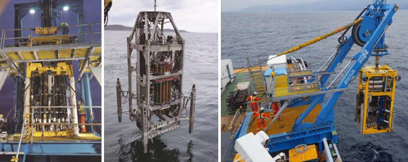 해저착저식 시추기 : Cellulra Robostics사 CRD-100(왼쪽), BGR RD2(가운데), 해저착저식 시 추기의 LARS 장치(오른쪽)
